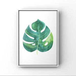 Large Monstera green leaves watercolor art print